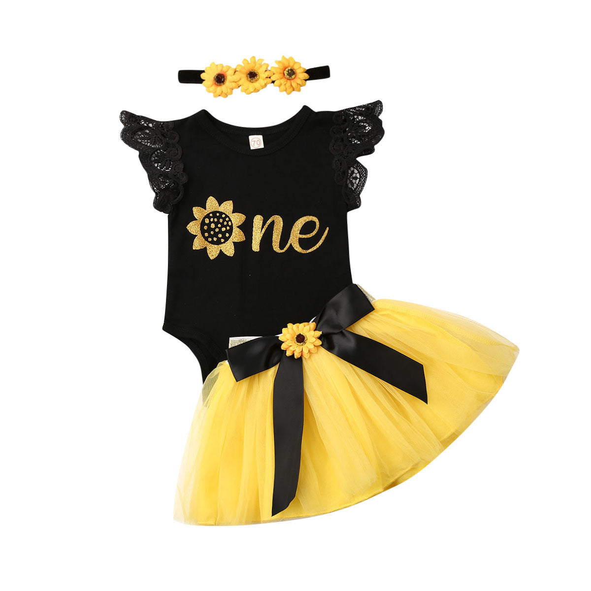Wholesale Baby Little Chrysanthemum Black Bow Gauze Dress Three-piece set